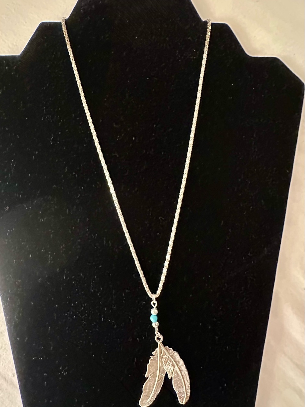 Silver Feather Pendant Necklace with Turquoise Beads